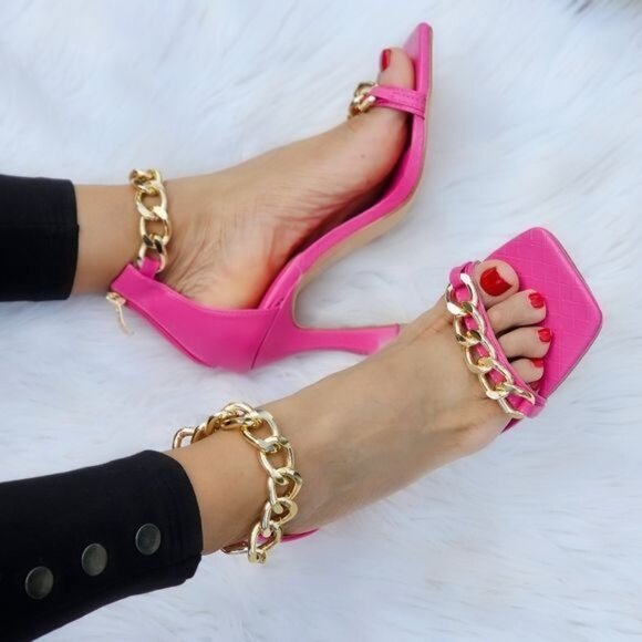 Womens Fuchsia Ankle Strap Heels Chains Stiletto Sandals - Picture 1 of 6